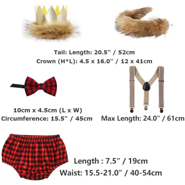 Baby Boys Cake Smash First Birthday Outfit Bloomers Suspender Bowtie Set Lion Headband Tail Costume 5pcs Photo PropsRed Plaid