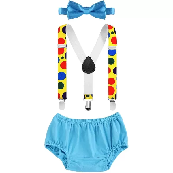 Baby Boys Circus Cake Smash Outfit Little Clown Costume 1st Birthday Diaper Cover Suspender Bowtie Set for Photo PartyBlue 4pcs