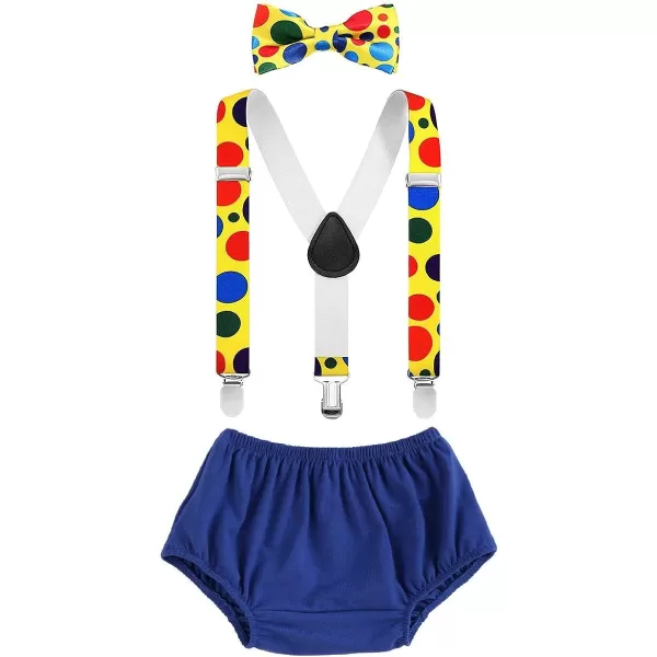 Baby Boys Circus Cake Smash Outfit Little Clown Costume 1st Birthday Diaper Cover Suspender Bowtie Set for Photo PartyRoyal Blue  Yellow 4pcs