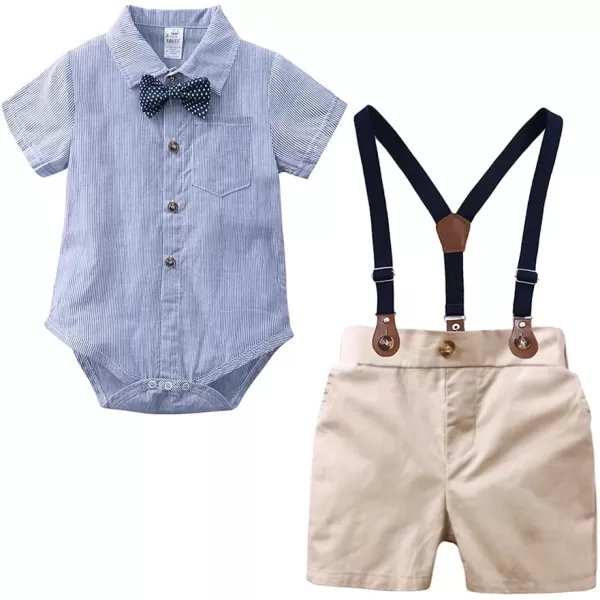 Baby Boys Formal Suit Set Short Sleeve Bowtie TShirt Suspenders Shorts Pants Wedding Tuxedo Outfits Cake Smash ClothesBlue Plaid Romper