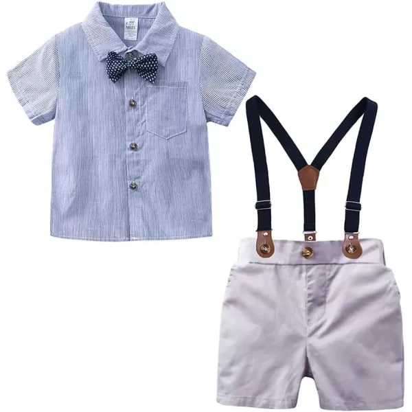 Baby Boys Formal Suit Set Short Sleeve Bowtie TShirt Suspenders Shorts Pants Wedding Tuxedo Outfits Cake Smash ClothesBlue Plaid Shirt