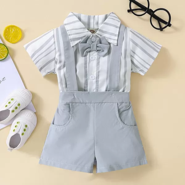 Baby Boys Formal Suit Set Short Sleeve Bowtie TShirt Suspenders Shorts Pants Wedding Tuxedo Outfits Cake Smash ClothesGray Striped