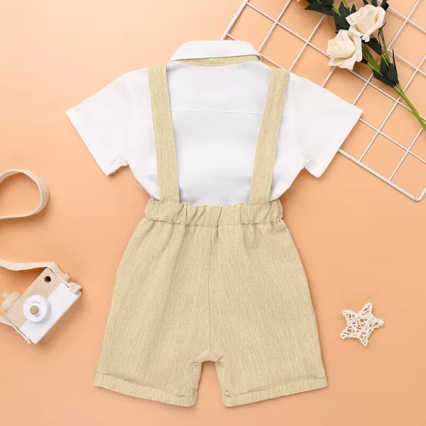 Baby Boys Formal Suit Set Short Sleeve Bowtie TShirt Suspenders Shorts Pants Wedding Tuxedo Outfits Cake Smash ClothesKhaki