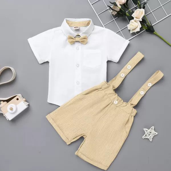 Baby Boys Formal Suit Set Short Sleeve Bowtie TShirt Suspenders Shorts Pants Wedding Tuxedo Outfits Cake Smash ClothesKhaki