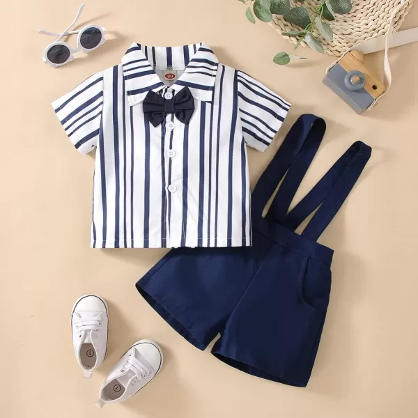 Baby Boys Formal Suit Set Short Sleeve Bowtie TShirt Suspenders Shorts Pants Wedding Tuxedo Outfits Cake Smash ClothesNavy Blue Striped