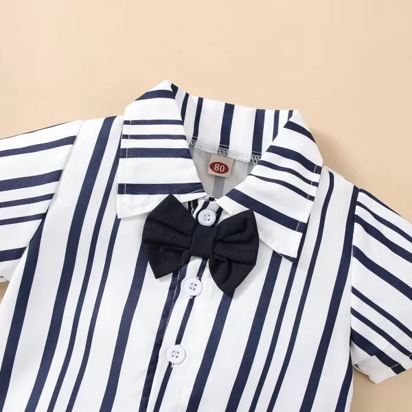 Baby Boys Formal Suit Set Short Sleeve Bowtie TShirt Suspenders Shorts Pants Wedding Tuxedo Outfits Cake Smash ClothesNavy Blue Striped