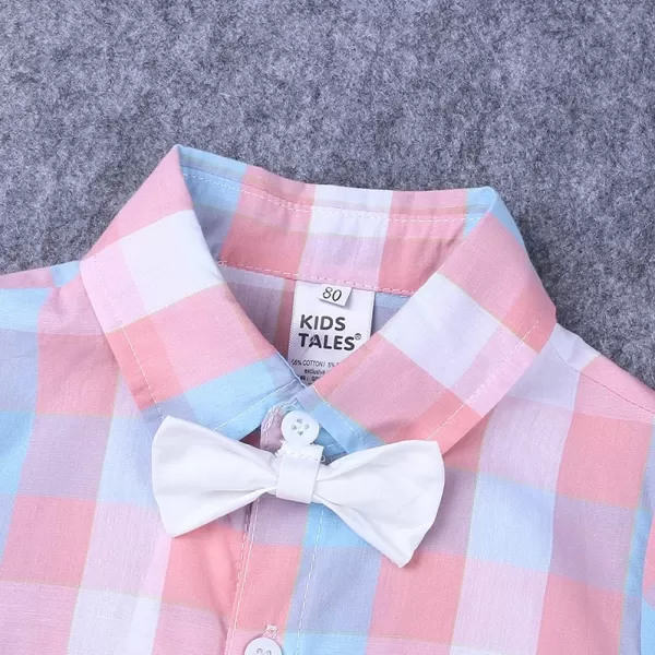 Baby Boys Formal Suit Set Short Sleeve Bowtie TShirt Suspenders Shorts Pants Wedding Tuxedo Outfits Cake Smash ClothesPink Plaid