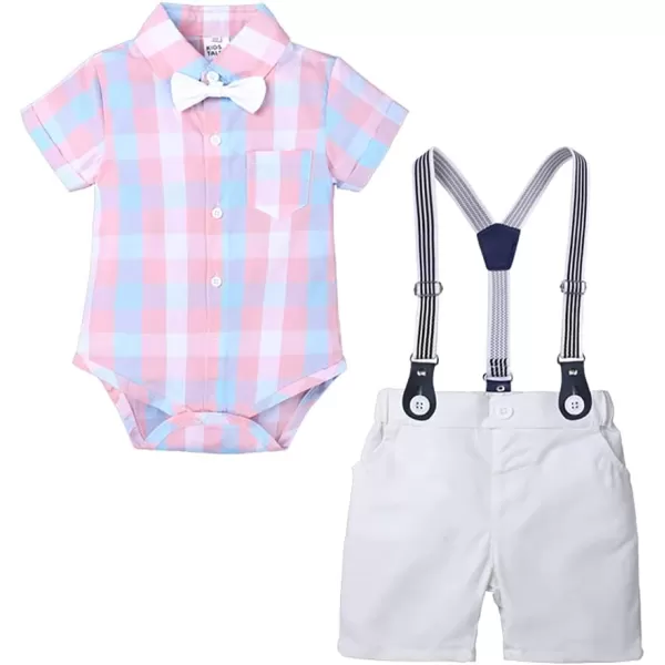 Baby Boys Formal Suit Set Short Sleeve Bowtie TShirt Suspenders Shorts Pants Wedding Tuxedo Outfits Cake Smash ClothesPink Plaid