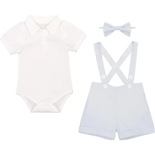 Baby Boys Formal Suit Set Short Sleeve Romper Suspenders Shorts Pants Bowtie Wedding Tuxedo Outfits Cake Smash ClothesBlue