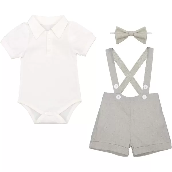 Baby Boys Formal Suit Set Short Sleeve Romper Suspenders Shorts Pants Bowtie Wedding Tuxedo Outfits Cake Smash ClothesGray