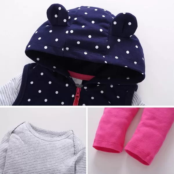 Baby Boys Girl Zip Up Hoodie with Cute Ear Toddler Fleece Sleeveless Jacket Sweatshirt Romper 3Pcs Fall Winter OutwearBlue Polka Dot