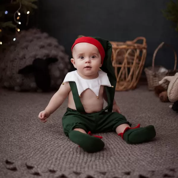 Baby Boys Girls Santa Elf Dwarf Costume First Christmas Party Dress up Cosplay with Hat for Newborn Photo Shoot GiftsGreen Elf