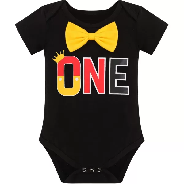 Baby Boys Half 1st Birthday Cake Smash Outfit Bowtie Romper Suspenders Shorts Headband Party Costume for Photo Shoot 618M001 Black One 3pcs