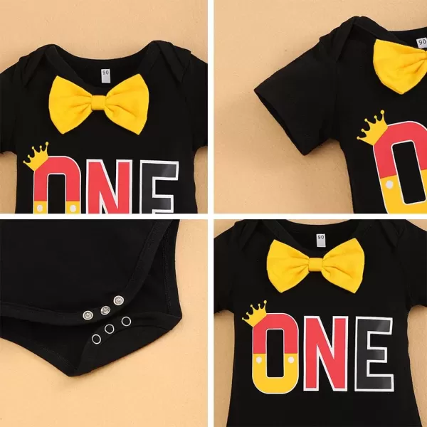 Baby Boys Half 1st Birthday Cake Smash Outfit Bowtie Romper Suspenders Shorts Headband Party Costume for Photo Shoot 618M001 Black One 3pcs