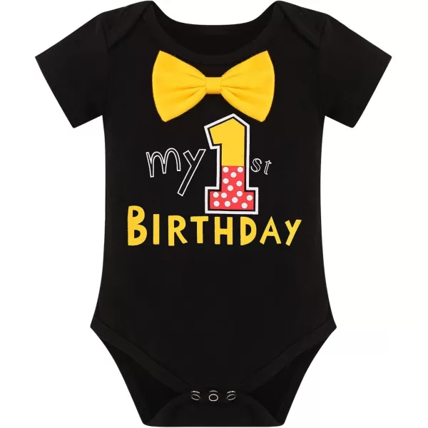 Baby Boys Half 1st Birthday Cake Smash Outfit Bowtie Romper Suspenders Shorts Headband Party Costume for Photo Shoot 618M002 Black 1st Birthday 4pcs