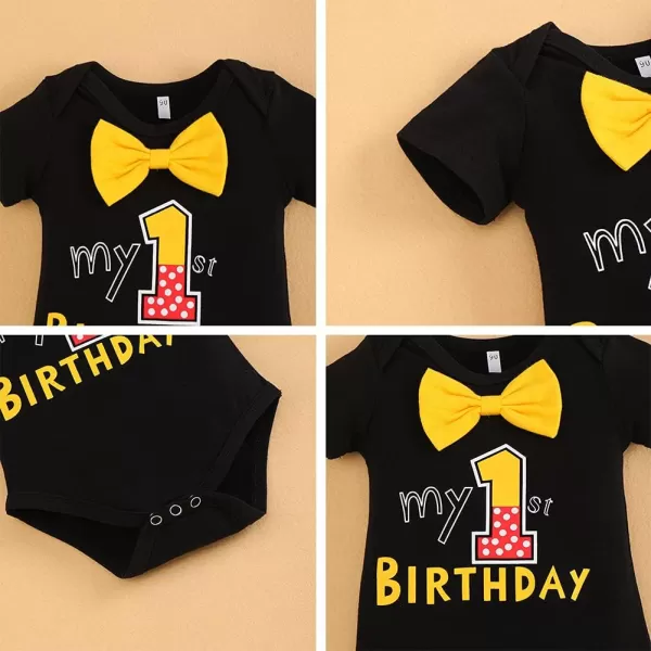 Baby Boys Half 1st Birthday Cake Smash Outfit Bowtie Romper Suspenders Shorts Headband Party Costume for Photo Shoot 618M002 Black 1st Birthday 4pcs