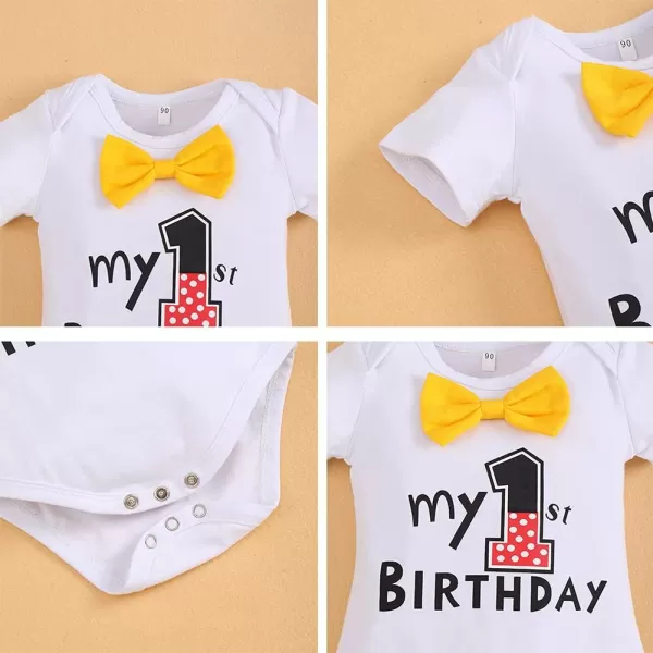 Baby Boys Half 1st Birthday Cake Smash Outfit Bowtie Romper Suspenders Shorts Headband Party Costume for Photo Shoot 618M002 White 1st Birthday 3pcs