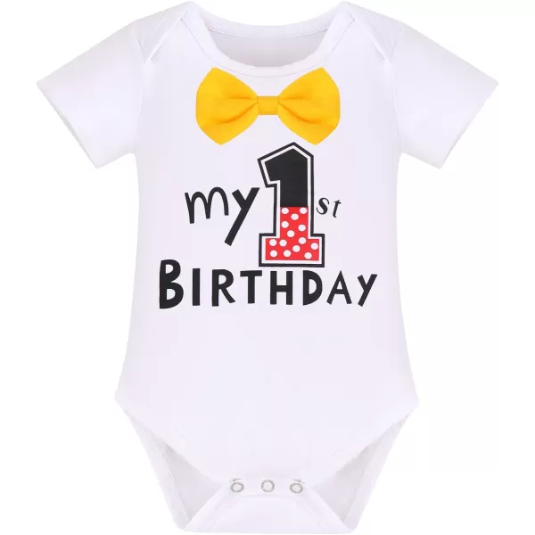 Baby Boys Half 1st Birthday Cake Smash Outfit Bowtie Romper Suspenders Shorts Headband Party Costume for Photo Shoot 618M002 White 1st Birthday 3pcs