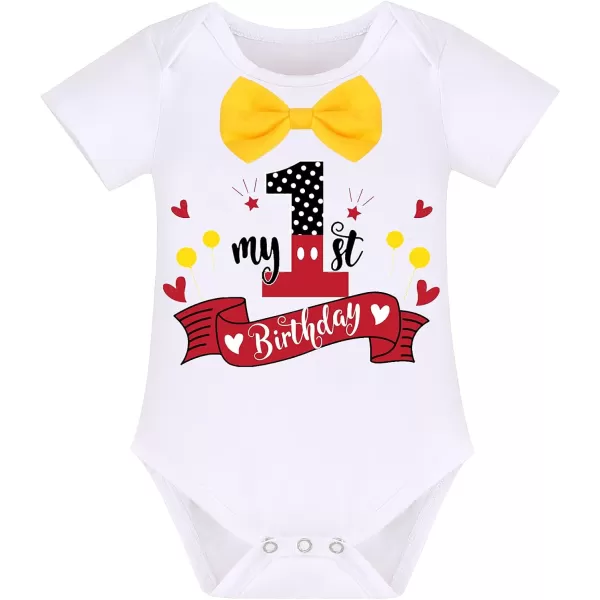 Baby Boys Half 1st Birthday Cake Smash Outfit Bowtie Romper Suspenders Shorts Headband Party Costume for Photo Shoot 618M003 White 1st Birthday 4pcs