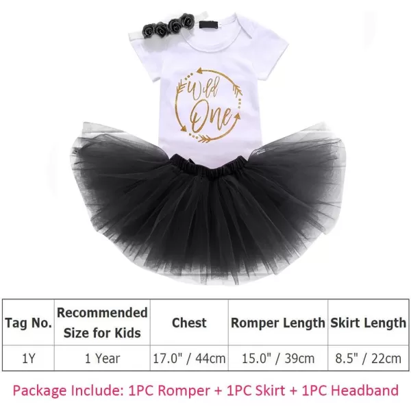 Baby Girl First Birthday Clothes 1st Crown RomperRuffle Tulle SkirtBow Headband 3PCS Party Dress Set Smash Cake OutfitBlack  Wild One