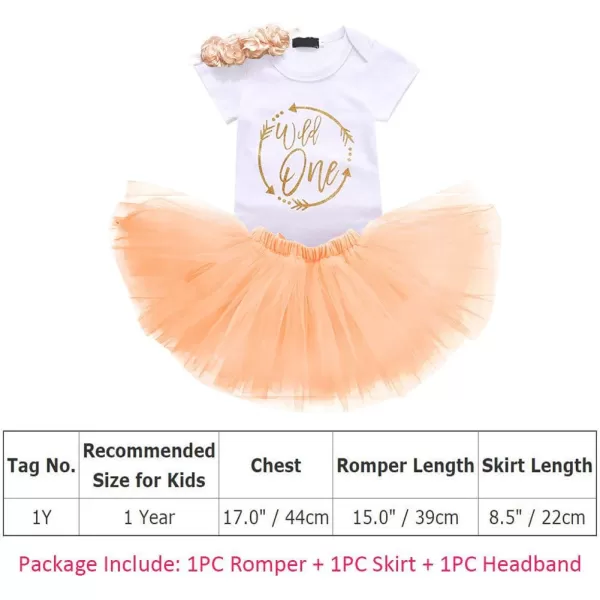 Baby Girl First Birthday Clothes 1st Crown RomperRuffle Tulle SkirtBow Headband 3PCS Party Dress Set Smash Cake OutfitPeach  Wild One