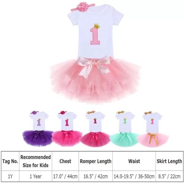 Baby Girl First Birthday Clothes 1st Crown RomperRuffle Tulle SkirtBow Headband 3PCS Party Dress Set Smash Cake OutfitPink  Golden Bow