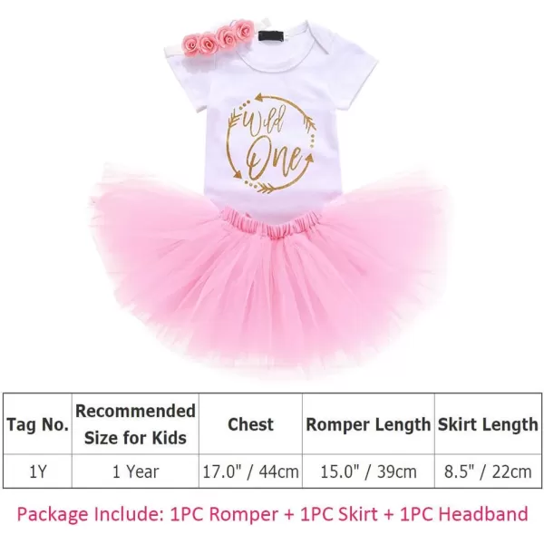 Baby Girl First Birthday Clothes 1st Crown RomperRuffle Tulle SkirtBow Headband 3PCS Party Dress Set Smash Cake OutfitPink  Wild One