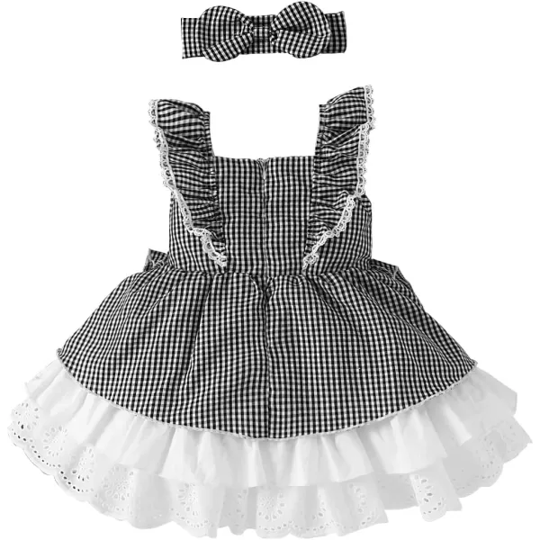 Baby Girl Tutu Dress Summer Sleeveless Plaid Princess Birthday Party Dresses Flower Bowknot Sundress with Headband SetBlack Plaid  Headband