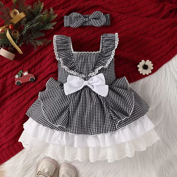 Baby Girl Tutu Dress Summer Sleeveless Plaid Princess Birthday Party Dresses Flower Bowknot Sundress with Headband SetBlack Plaid  Headband