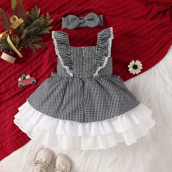 Baby Girl Tutu Dress Summer Sleeveless Plaid Princess Birthday Party Dresses Flower Bowknot Sundress with Headband SetBlack Plaid  Headband