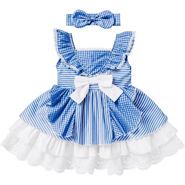 Baby Girl Tutu Dress Summer Sleeveless Plaid Princess Birthday Party Dresses Flower Bowknot Sundress with Headband SetBlue Plaid  Headband