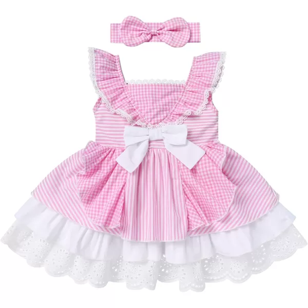 Baby Girl Tutu Dress Summer Sleeveless Plaid Princess Birthday Party Dresses Flower Bowknot Sundress with Headband SetPink Plaid  Headband