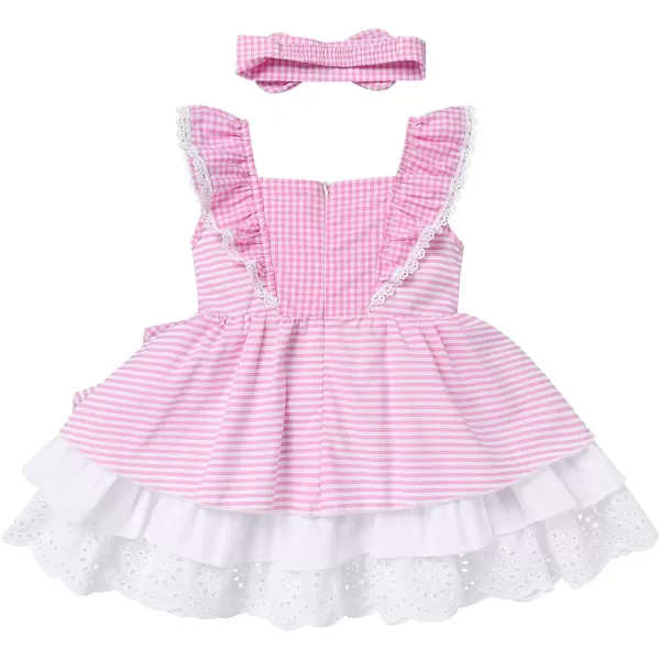 Baby Girl Tutu Dress Summer Sleeveless Plaid Princess Birthday Party Dresses Flower Bowknot Sundress with Headband SetPink Plaid  Headband