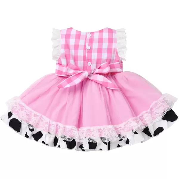 Baby Girl Tutu Dress Summer Sleeveless Plaid Princess Birthday Party Dresses Flower Bowknot Sundress with Headband SetPink Plaid Cow