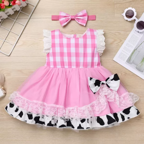 Baby Girl Tutu Dress Summer Sleeveless Plaid Princess Birthday Party Dresses Flower Bowknot Sundress with Headband SetPink Plaid Cow