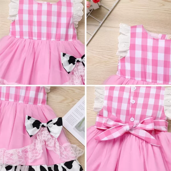 Baby Girl Tutu Dress Summer Sleeveless Plaid Princess Birthday Party Dresses Flower Bowknot Sundress with Headband SetPink Plaid Cow