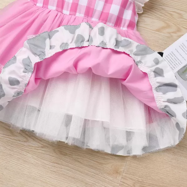 Baby Girl Tutu Dress Summer Sleeveless Plaid Princess Birthday Party Dresses Flower Bowknot Sundress with Headband SetPink Plaid Cow