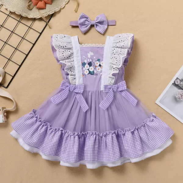 Baby Girl Tutu Dress Summer Sleeveless Plaid Princess Birthday Party Dresses Flower Bowknot Sundress with Headband SetPurple Floral