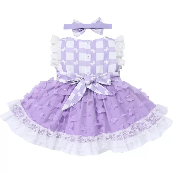 Baby Girl Tutu Dress Summer Sleeveless Plaid Princess Birthday Party Dresses Flower Bowknot Sundress with Headband SetPurple Plaid Butterfly