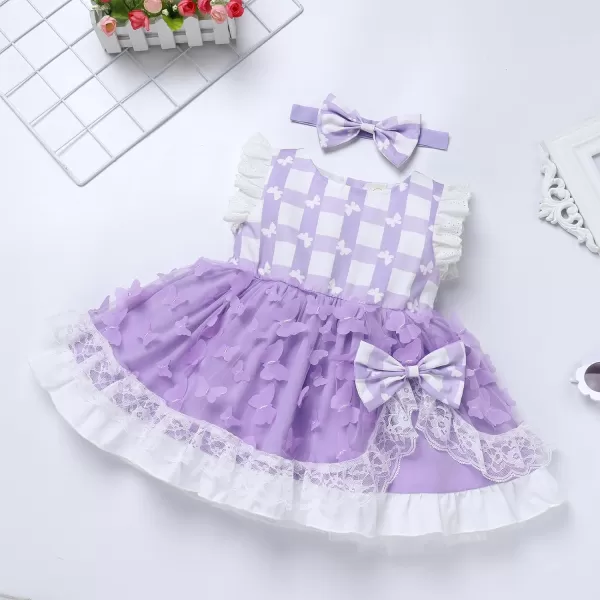 Baby Girl Tutu Dress Summer Sleeveless Plaid Princess Birthday Party Dresses Flower Bowknot Sundress with Headband SetPurple Plaid Butterfly