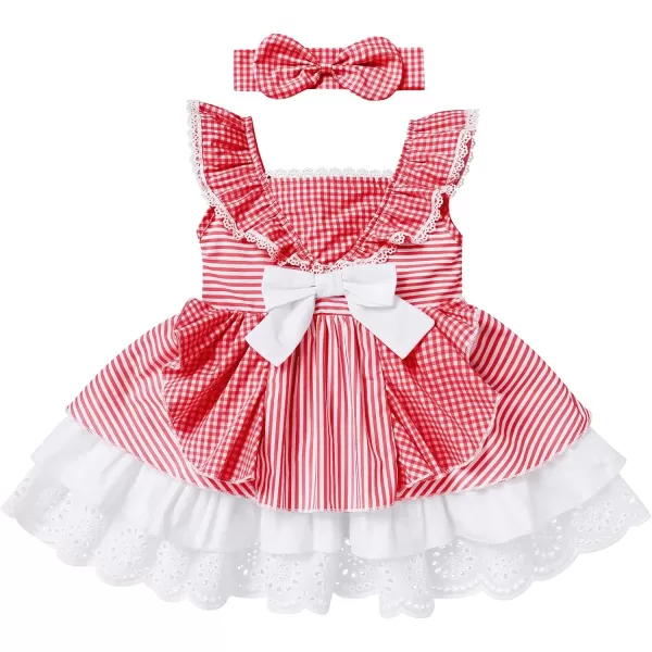 Baby Girl Tutu Dress Summer Sleeveless Plaid Princess Birthday Party Dresses Flower Bowknot Sundress with Headband SetRed Plaid  Headband