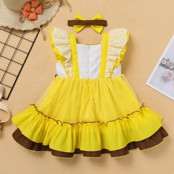 Baby Girl Tutu Dress Summer Sleeveless Plaid Princess Birthday Party Dresses Flower Bowknot Sundress with Headband SetYellow