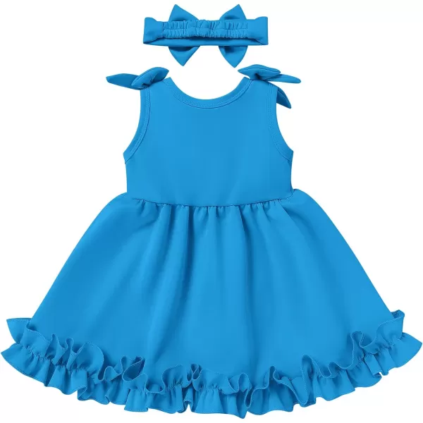 Baby Girl Tutu Dress Summer Sleeveless Ruffle Princess Birthday Party Dresses Flower Bowknot Sundress with Headband SetDark Blue  Headband