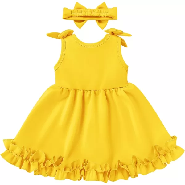 Baby Girl Tutu Dress Summer Sleeveless Ruffle Princess Birthday Party Dresses Flower Bowknot Sundress with Headband SetYellow  Headband