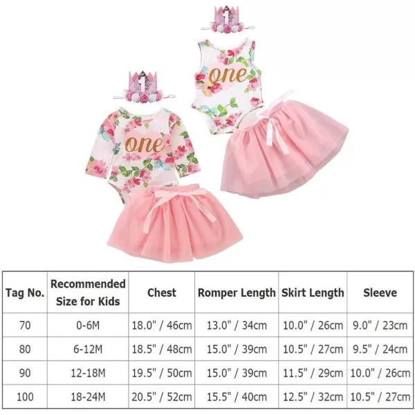Baby Girls 1st Birthday Outfit Floral One Heart Romper Tutu Skirt Sequins Headband Party Dress Cake Smash Clothes SetPink  Long Sleeve