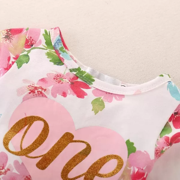 Baby Girls 1st Birthday Outfit Floral One Heart Romper Tutu Skirt Sequins Headband Party Dress Cake Smash Clothes SetPink  Long Sleeve