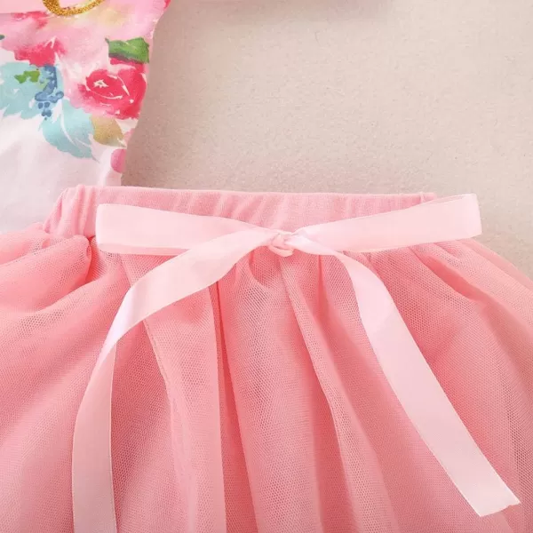 Baby Girls 1st Birthday Outfit Floral One Heart Romper Tutu Skirt Sequins Headband Party Dress Cake Smash Clothes SetPink  Long Sleeve