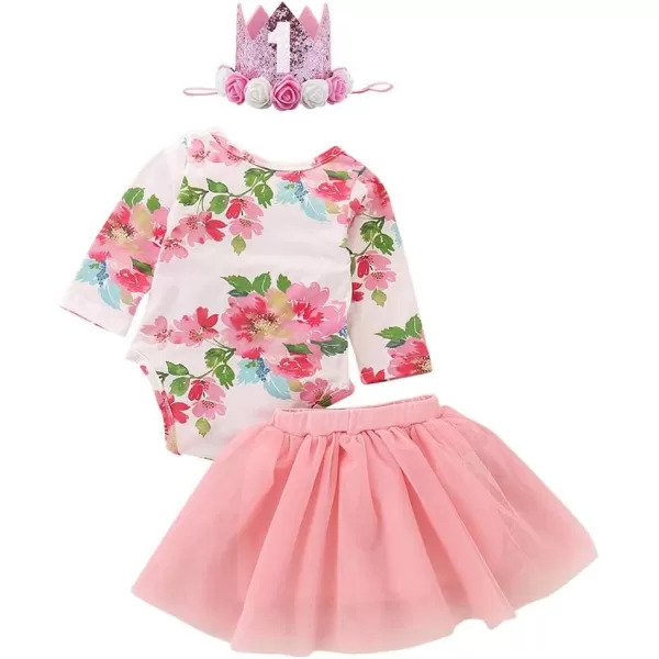 Baby Girls 1st Birthday Outfit Floral One Heart Romper Tutu Skirt Sequins Headband Party Dress Cake Smash Clothes SetPink  Long Sleeve