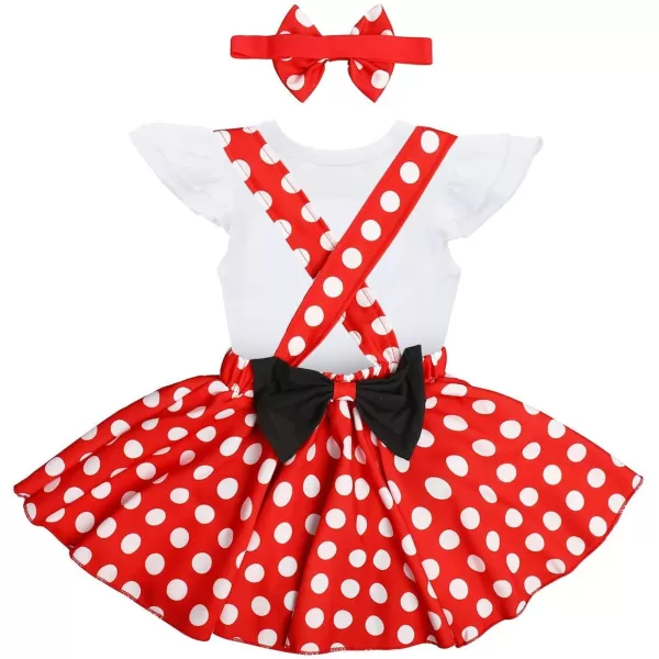 Baby Girls 1st Birthday Outfit Romper Polka Dot Dress Suspender Tutu Skirt Headband 3Pcs Clothes Set for Photo ShootWhite  Red