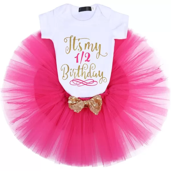 Baby Girls Birthday Outfit RomperRuffle Tulle SkirtSequins Bow Headband Valentines Cake Smash Dress Clothes 3Pcs SetHot Pink 12 Birthday